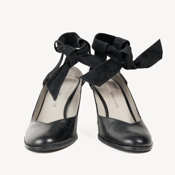 Emporio Armani 90s Ankle Wrap Black Suede Pumps - Picture 2 of 10